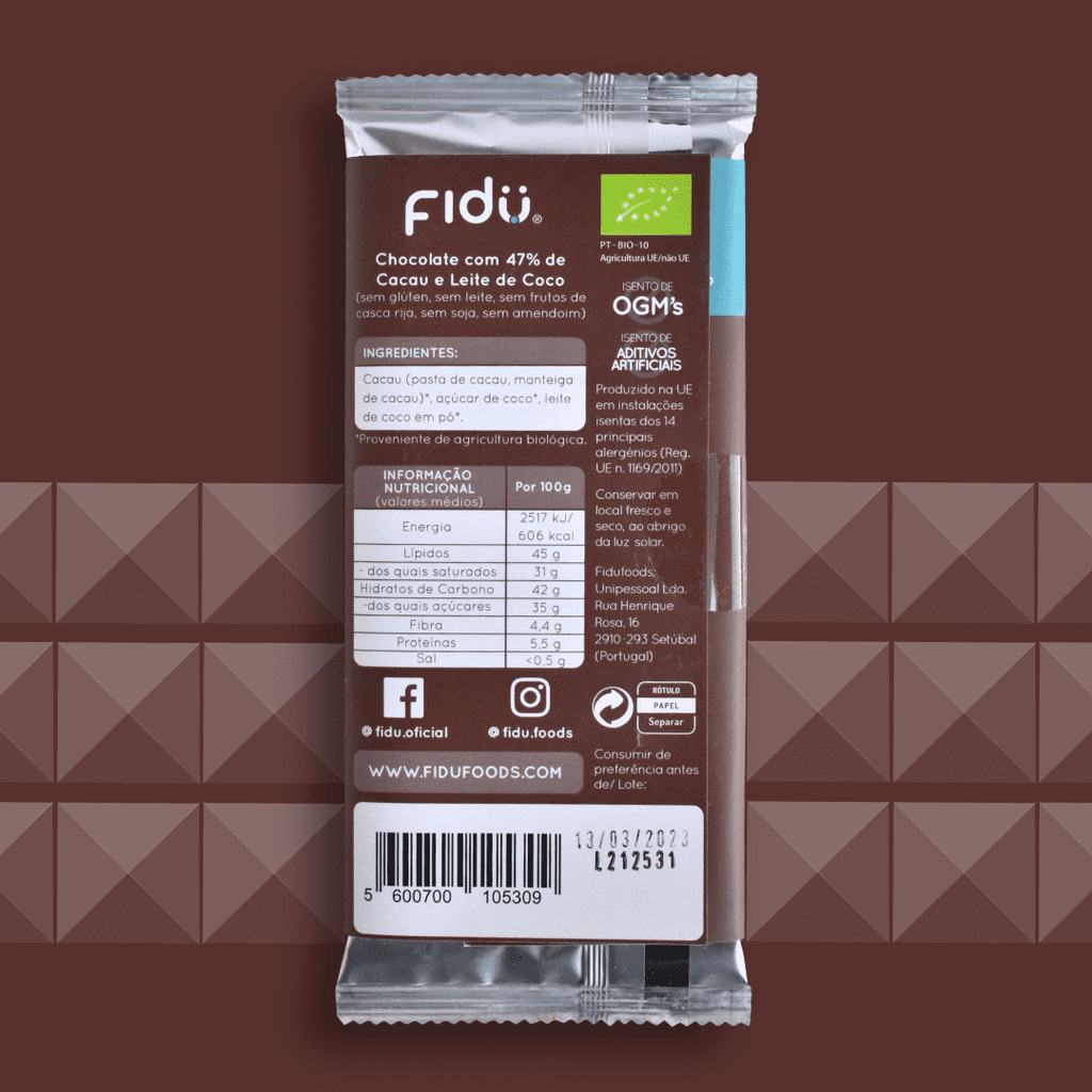 Chocolate com leite de coco 47% Cacau BIO 70g - Fidu | Alimentos inclusivos
