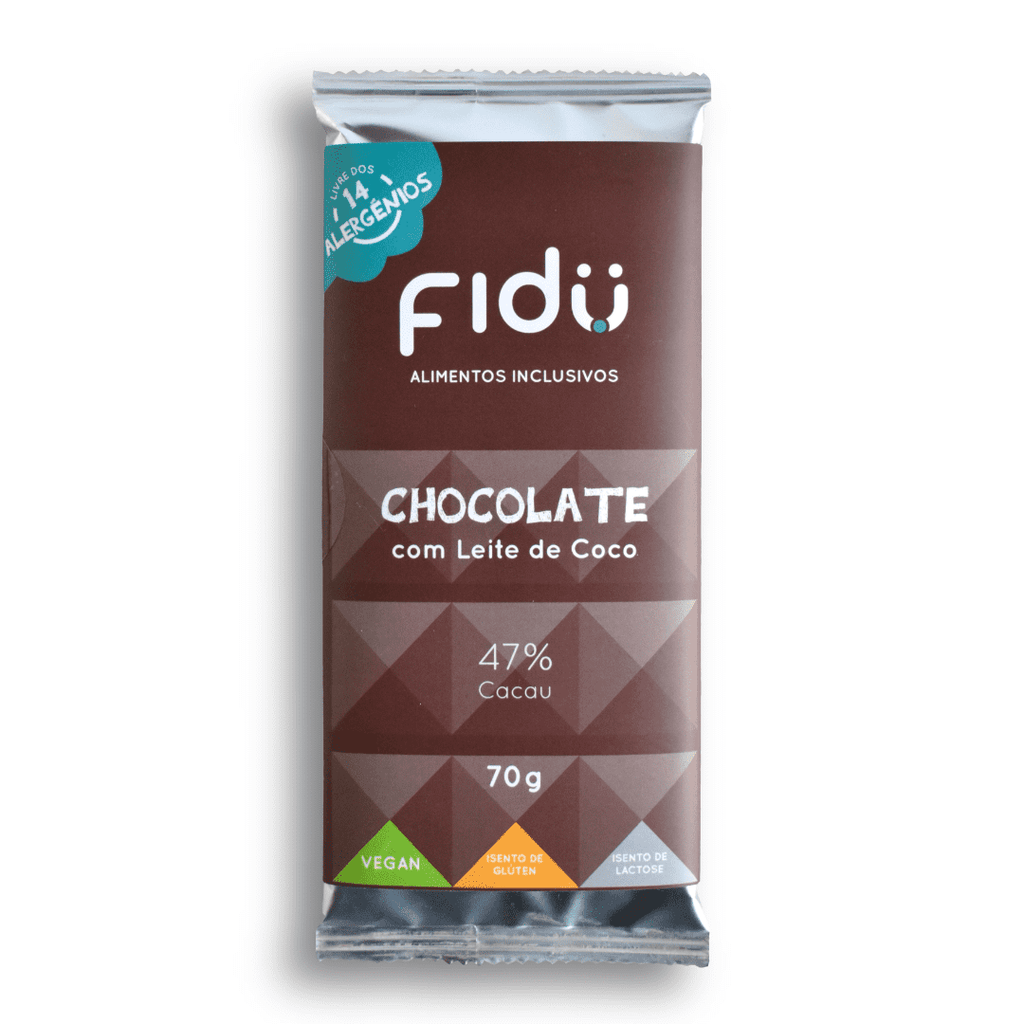 Chocolate com leite de coco 47% Cacau BIO 70g - Fidu | Alimentos inclusivos